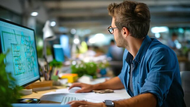 Young Middle Eastern Male Commercial Interior Designer Using BIM Modeling Software to Design Open Office Workspace Layouts in a Corporate Headquarters. Architect Programming Desk A