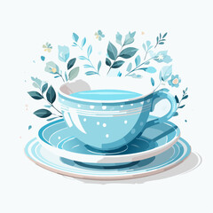 Elegant blue teacup with floral design on white background illustration