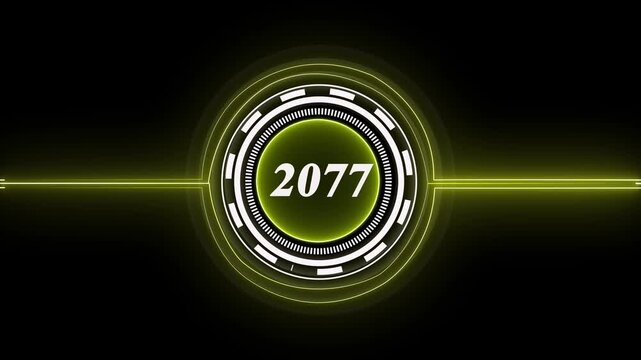 2077 text with screen effects of technological failures. Concept of counting years. Past year technology concept