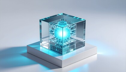 Modular Quantum Glass Core on Plinth, Voxel-Like Modules with Cyan Glow, Clean Studio