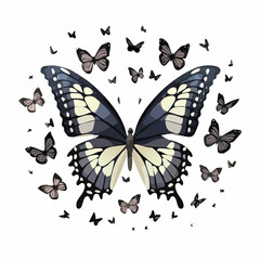 Elegant butterfly illustration with multiple insects surrounding its wings vector design