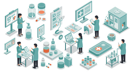 Isometric medical technology: healthcare professionals and equipment in modern hospital environment