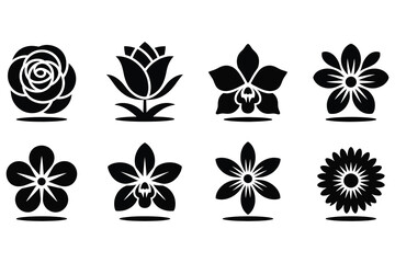 Fototapeta premium Black silhouette flower icon set with rose, tulip, orchid and daisy symbols for logo, pattern and decorative floral design