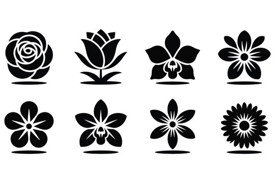 Black silhouette flower icon set with rose, tulip, orchid and daisy symbols for logo, pattern and decorative floral design