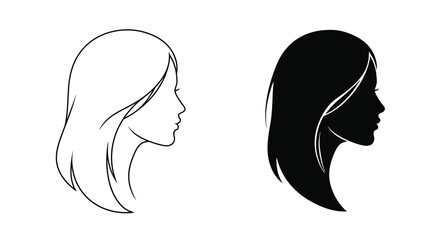 Elegant woman profile silhouettes with flowing hair black and white design