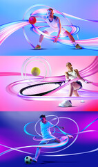 Neon sports collage with basketball tennis and soccer players in dynamic light trails. Concept of modern athletic energy, digital performance, competition for advertising and creative design. © Lustre Art Group 
