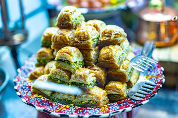 Traditional Turkish pistachio baklava in a confectionery store