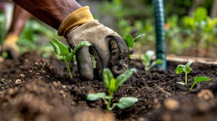 Planting New Seedlings with Gloved Hands for Sustainable Home Gardening and Fresh, Organic Vegetables