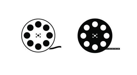 Two film reels depicted in a simple black and white illustration