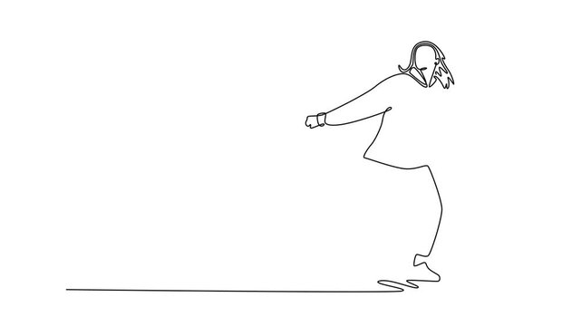 Animated self drawing of continuous line draw beauty female dancer mid-step, leaning and extending one leg, the fluid, energetic flow of hip hop or street dance routine. Full length one line animation