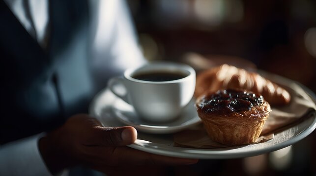 A waiter presents a tray with coffee and pastries in soft morning light