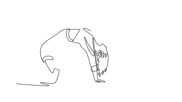 Self drawing animation of single line draw girl dancer executing deep back bridge or backbend freeze, incredible flexibility, body control in dynamic dance pose. Continuous line. Full length animated