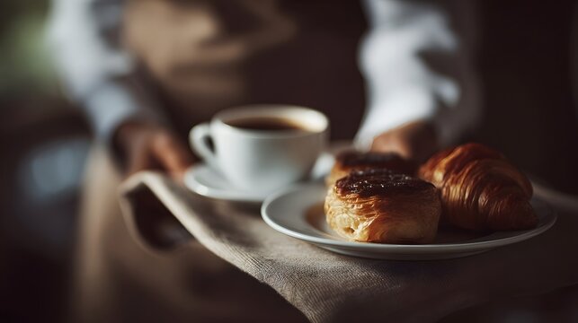 A waiter serving a cup of coffee and assorted pastries on a tray - Powered by Adobe