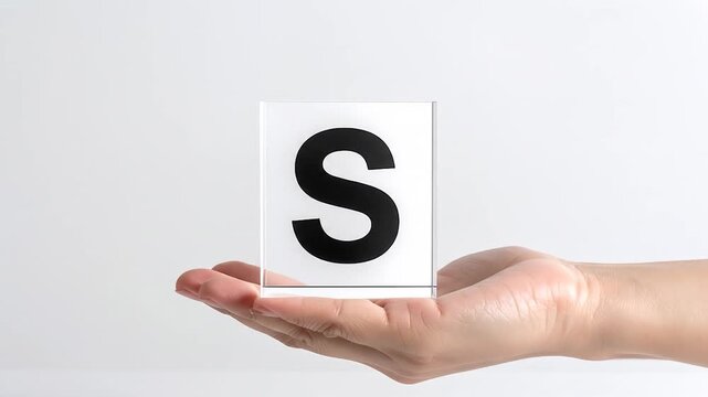 Hand holds translucent cube with "S" against stark white backdrop