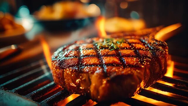 Grilled steak sizzling over open flames with perfect char marks in cozy setting