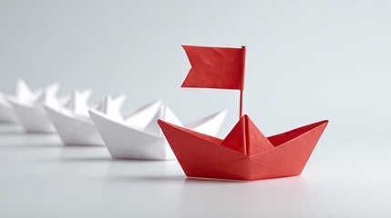 Red paper boat leading white boats symbolizing leadership and initiative