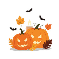 Two carved Halloween pumpkins with glowing eyes and smiles, surrounded by autumn leaves and flying bats, with a lit candle in the background.