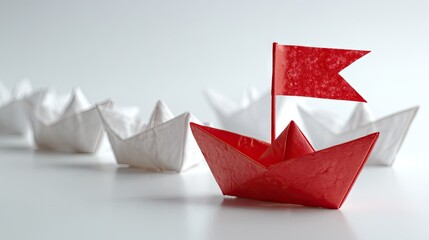 Red paper boat leading white paper boats on a white surface