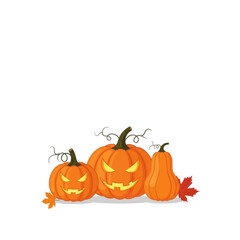 Three carved Halloween pumpkins with spooky faces and autumn leaves.