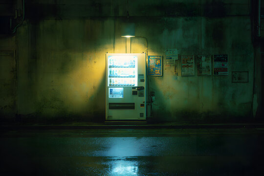 Neon-lit Japanese Vending Machine in Urban Alley at Night with a Cinematic Atmosphere and Soft Focus on Single Object