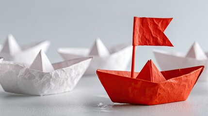 Red paper boat leading white ships concept leadership and innovation
