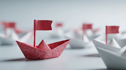 Red paper boat leads others in a symbolic representation of leadership