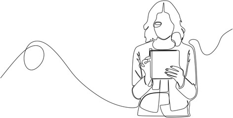 Continuous line drawing. young women with tablet. Vector illustration.