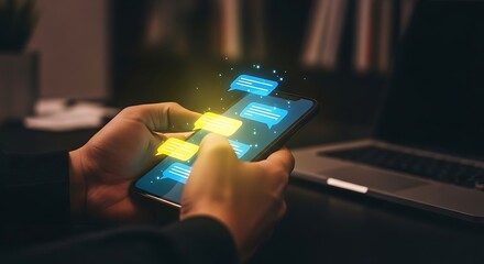 Person holding a smartphone with glowing digital icons and notifications