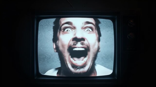 Realistic Video Of Man Screaming On Vintage Television Screen