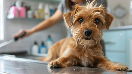 Adorable Terrier Dog Relaxing at Pet Groomer, Showing Teeth During Professional Session