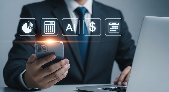 Businessman using smartphone with financial and business icons overlay