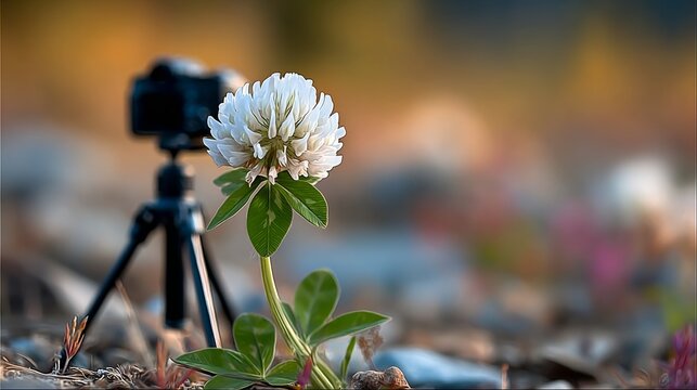 Close-Up Macro Photography of Delicate White Clover Blossom Surrounded by Vibrant Blurred Flowers