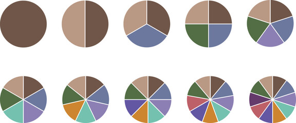 Pie chart color icons. Circle division infographic icon set. Loading bar set diagram multicolored collection.  Colorful diagram collection with 1,2,3,4,56,7,8,9,10,11,12 segment infographic.