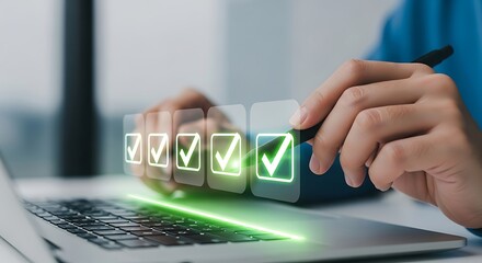 Person completing a digital checklist on a laptop with a stylus