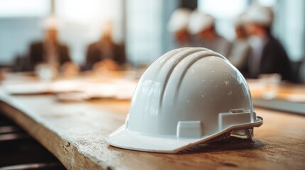 A close-up of a white hard hat on a wooden table, suitable for construction and engineering themes.