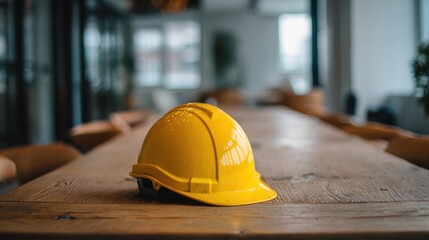 A close-up of a yellow construction helmet resting on a wooden table in an office setting, symbolizing safety.