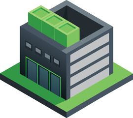 Isometric data center building modern industrial facility server farm cloud computing infrastructure technology architecture vector