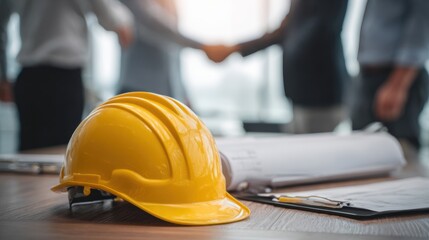 A close-up of a yellow hard hat on a table, symbolizing construction and teamwork during a project meeting.