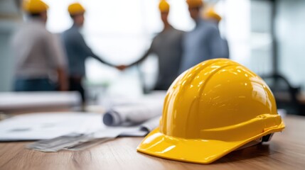 A close-up of a yellow hard hat on a table with architectural plans, symbolizing teamwork and construction safety.