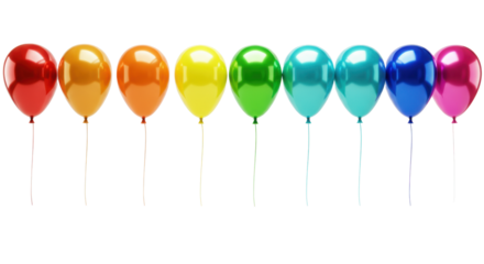 Seven metallic rainbow spectrum balloons (red, orange, yellow, green, turquoise, blue, magenta) with white strings, floating on a transparent background with copy space. Festive celebration