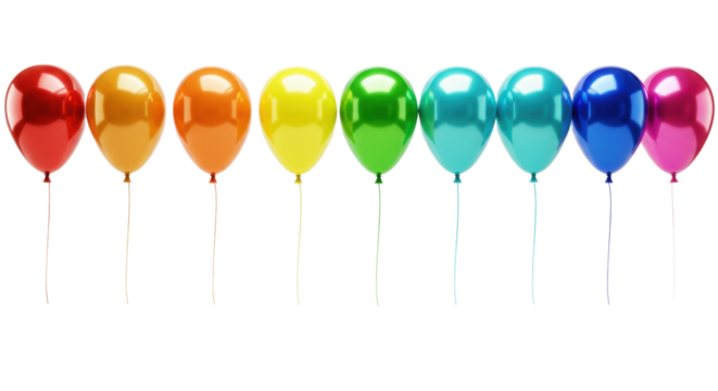 Seven metallic rainbow spectrum balloons (red, orange, yellow, green, turquoise, blue, magenta) with white strings, floating on a transparent background with copy space. Festive celebration