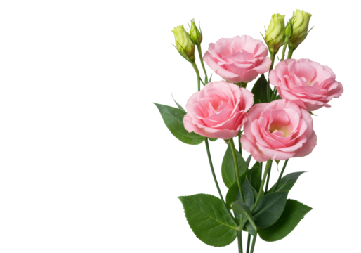 Close-up of elegant blush pink roses and eustoma, meticulously detailed with velvety textures and vibrant green leaves, softly lit on a transparent background, concept of serene natural beauty