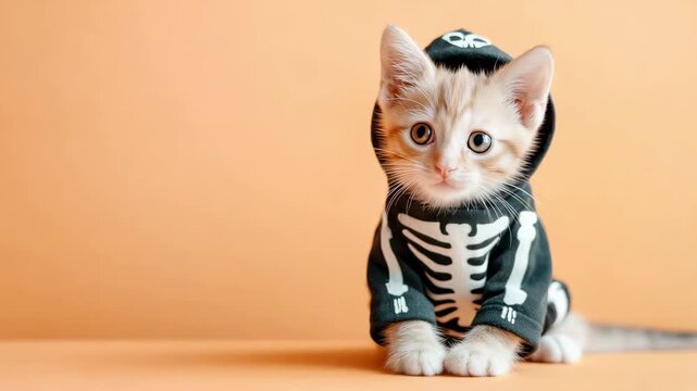 Adorable kitten in skeleton hoodie poses playfully against orange backdrop, showcasing Halloween spirit, camera captures charming expressions