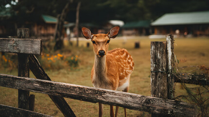 Wild sika deer standing behind wooden fence looking