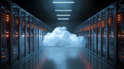 A futuristic server room illuminated by LED lights with a visual representation of cloud computing concept.