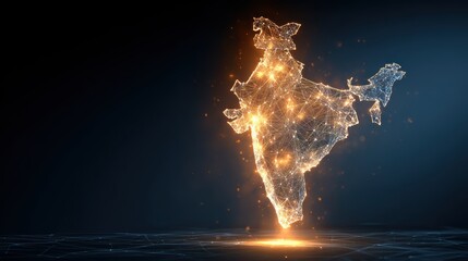A glowing outline of India created with bright particles, representing culture and innovation in a digital age.