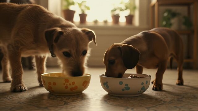 Realistic Video of Two Dogs Eating From Bowls Indoors Warm Light