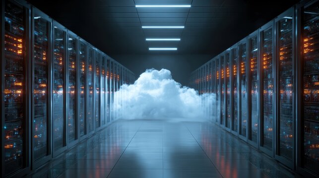 A futuristic server room illuminated by LED lights with a visual representation of cloud computing concept. - Powered by Adobe