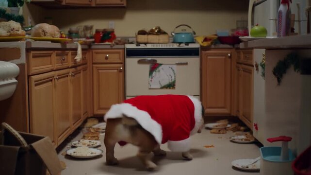 An english bulldog in a santa costume humorously shakes its bottom in a kitchen after a holiday feast, conveying hilarious post-dinner dancing and character.