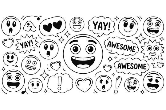 Awesome Yay Emoji Doodle Icon Set &ndash; Hand Drawn Emoticon Faces, Comic Speech Bubble, Black & White Vector